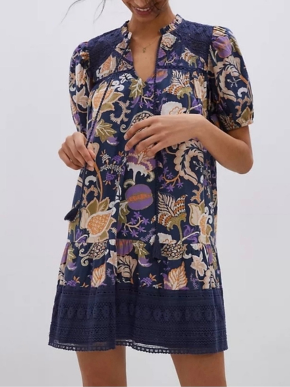Anthropologie Navy Floral Mini Dress with Lace Yoke